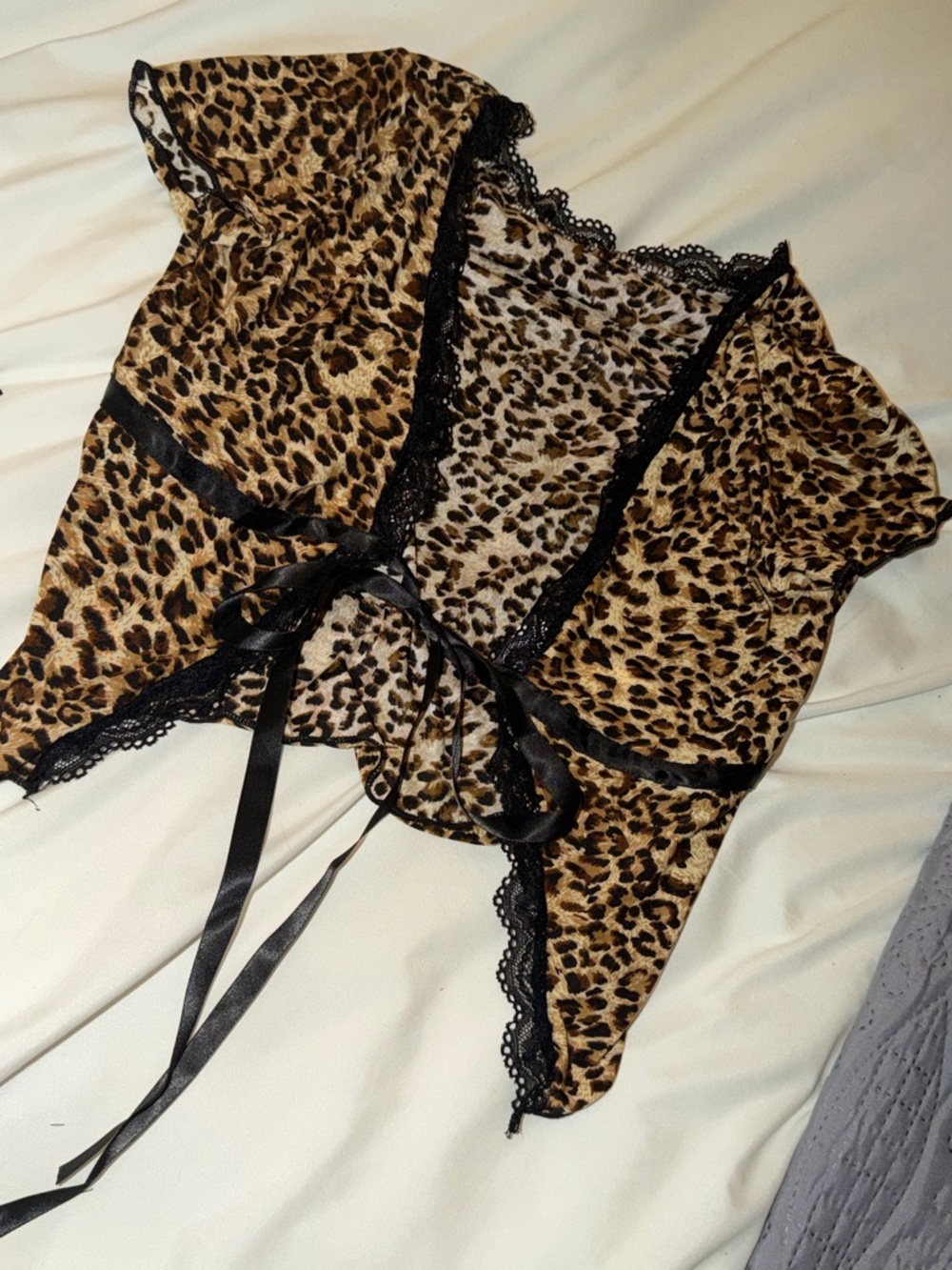 SHEIN Leopard Print Lace-Trim Tie-Front Chemise Top - Black & Brown